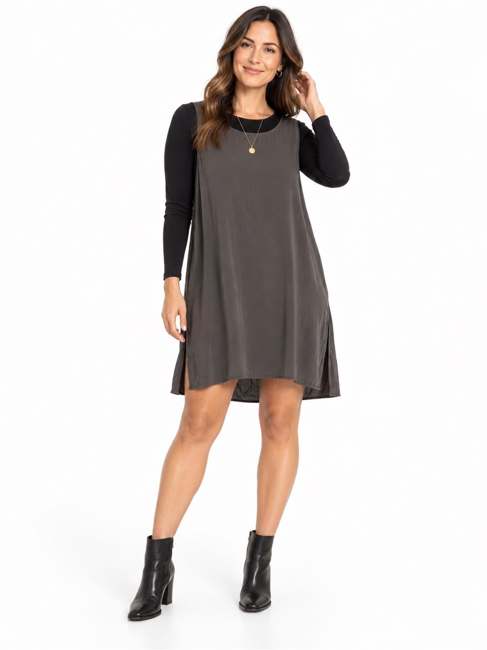 Eileen Fisher 100% Silk Charcoal Gray Shift Dress XL Side Slit EUC